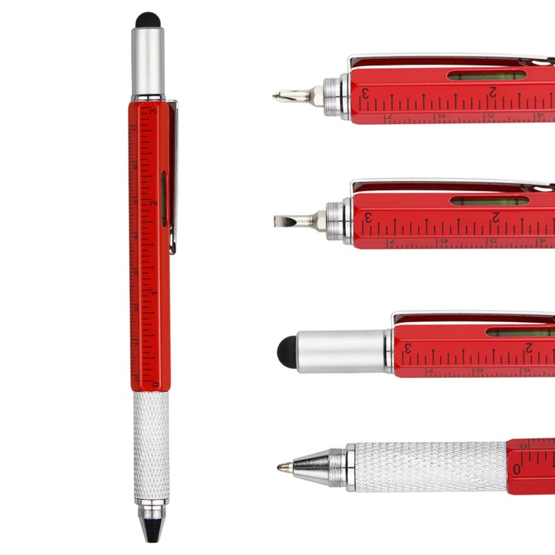 DUNBONG Metal Multi tool Pen 6-in-1 Stylus Pen - With Screwdriver, Ballpoint Pen Black ink, Stylus pen, Level and Ruler, 1-Count (Red) - Image 1